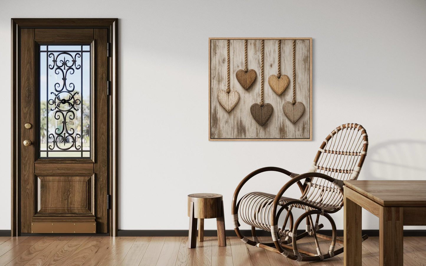 Farmhouse Kitchen Wall Art | Rustic Heart Canvas With Five Wooden Hearts On Whitewashed Wood