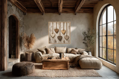 Farmhouse Kitchen Wall Art | Rustic Heart Canvas With Five Wooden Hearts On Whitewashed Wood