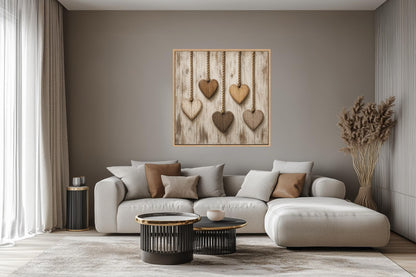 Farmhouse Kitchen Wall Art | Rustic Heart Canvas With Five Wooden Hearts On Whitewashed Wood