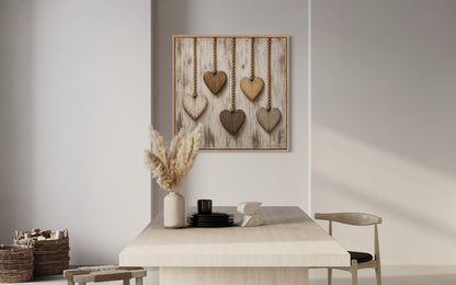 Farmhouse Kitchen Wall Art | Rustic Heart Canvas With Five Wooden Hearts On Whitewashed Wood
