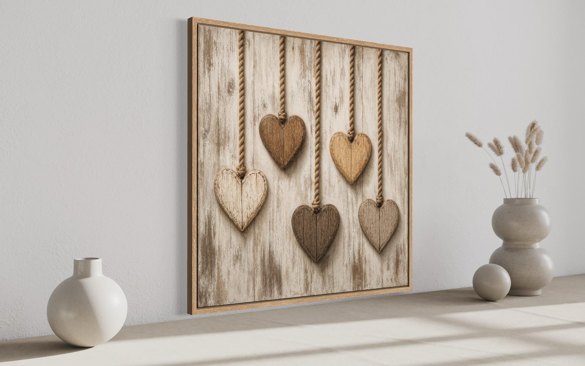 Farmhouse Kitchen Wall Art | Rustic Heart Canvas With Five Wooden Hearts On Whitewashed Wood