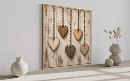 Farmhouse Kitchen Wall Art | Rustic Heart Canvas With Five Wooden Hearts On Whitewashed Wood