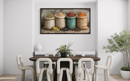 Farmhouse Kitchen Wall Art With Rustic Spices In Sacks