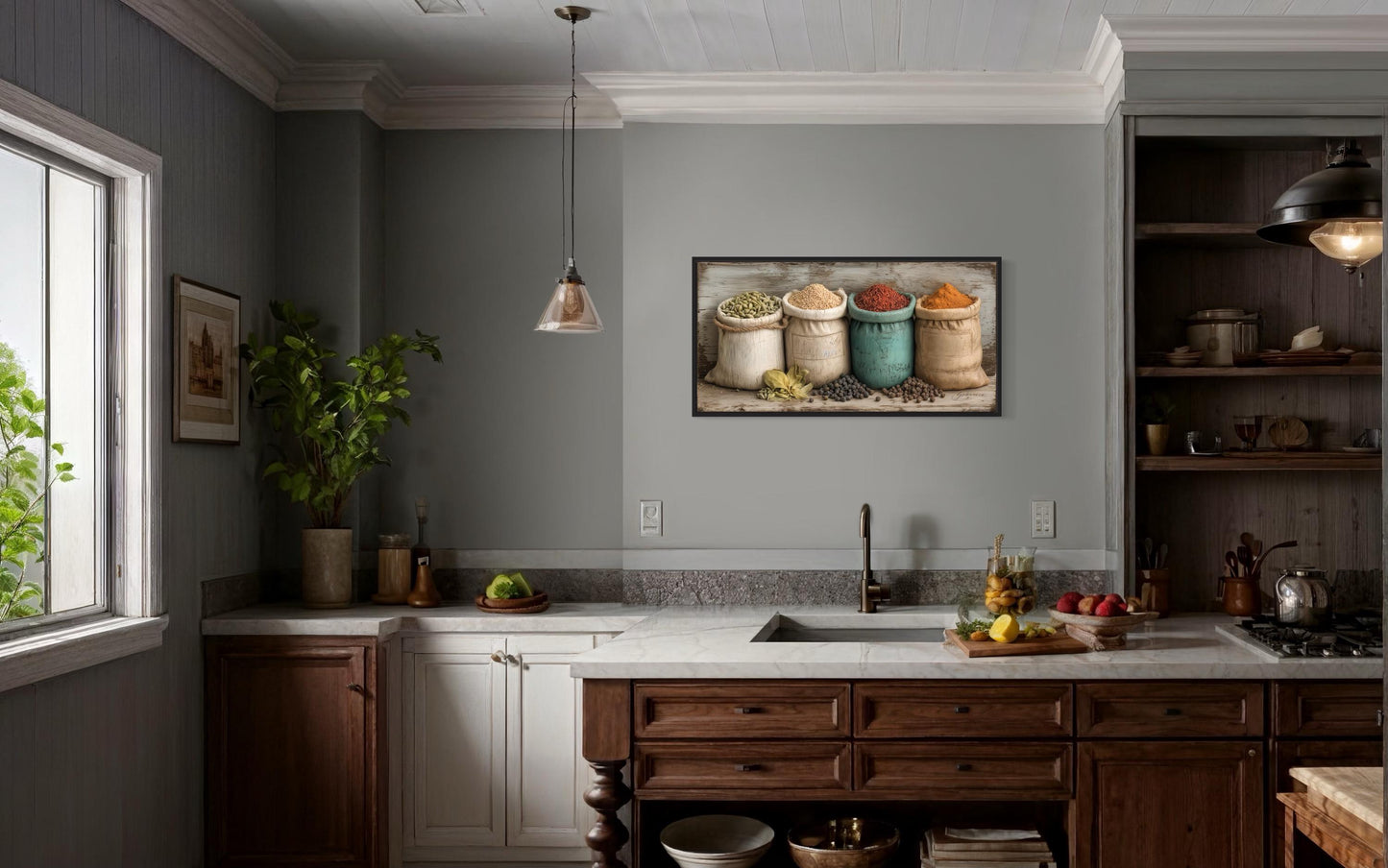 Farmhouse Kitchen Wall Art With Rustic Spices In Sacks