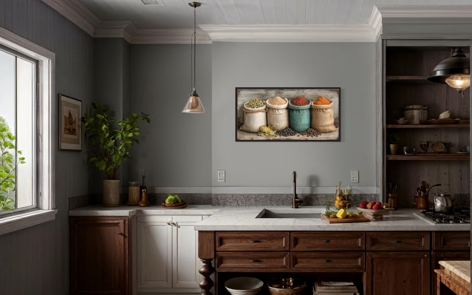 Farmhouse Kitchen Wall Art With Rustic Spices In Sacks