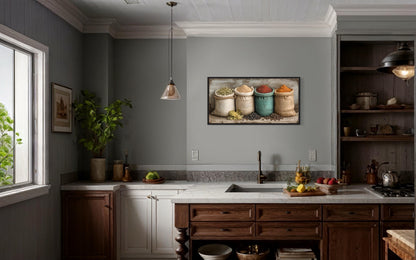 Farmhouse Kitchen Wall Art With Rustic Spices In Sacks