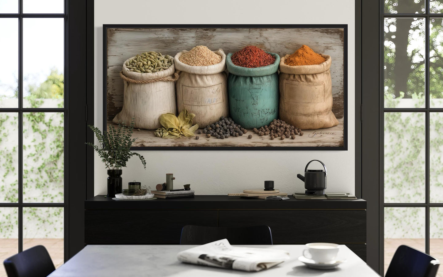 Farmhouse Kitchen Wall Art With Rustic Spices In Sacks