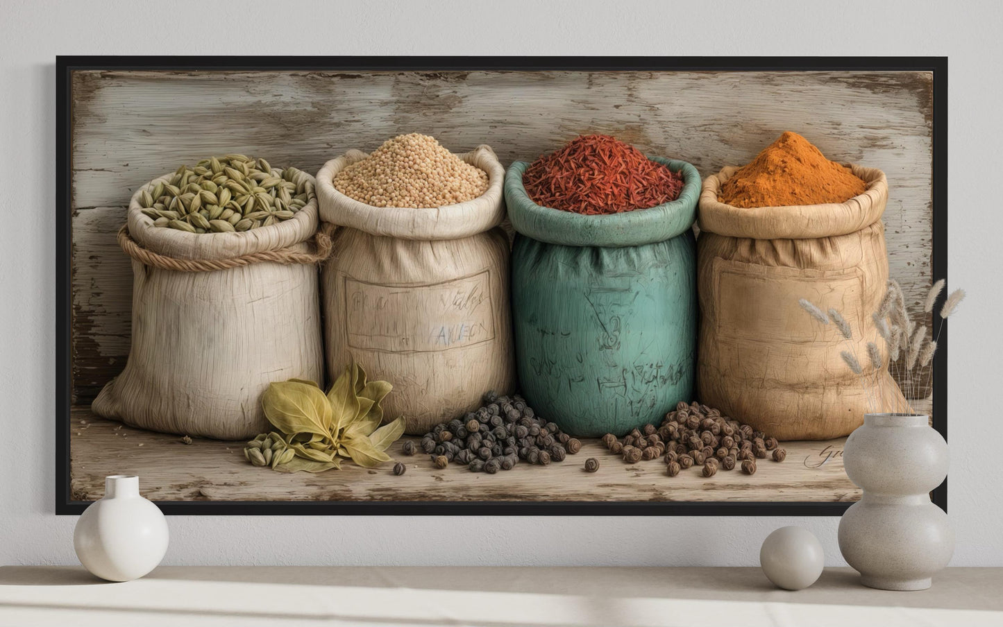 Farmhouse Kitchen Wall Art With Rustic Spices In Sacks