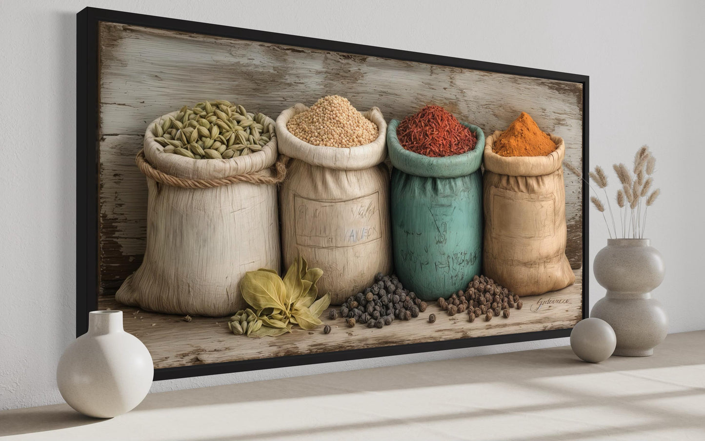 Farmhouse Kitchen Wall Art With Rustic Spices In Sacks