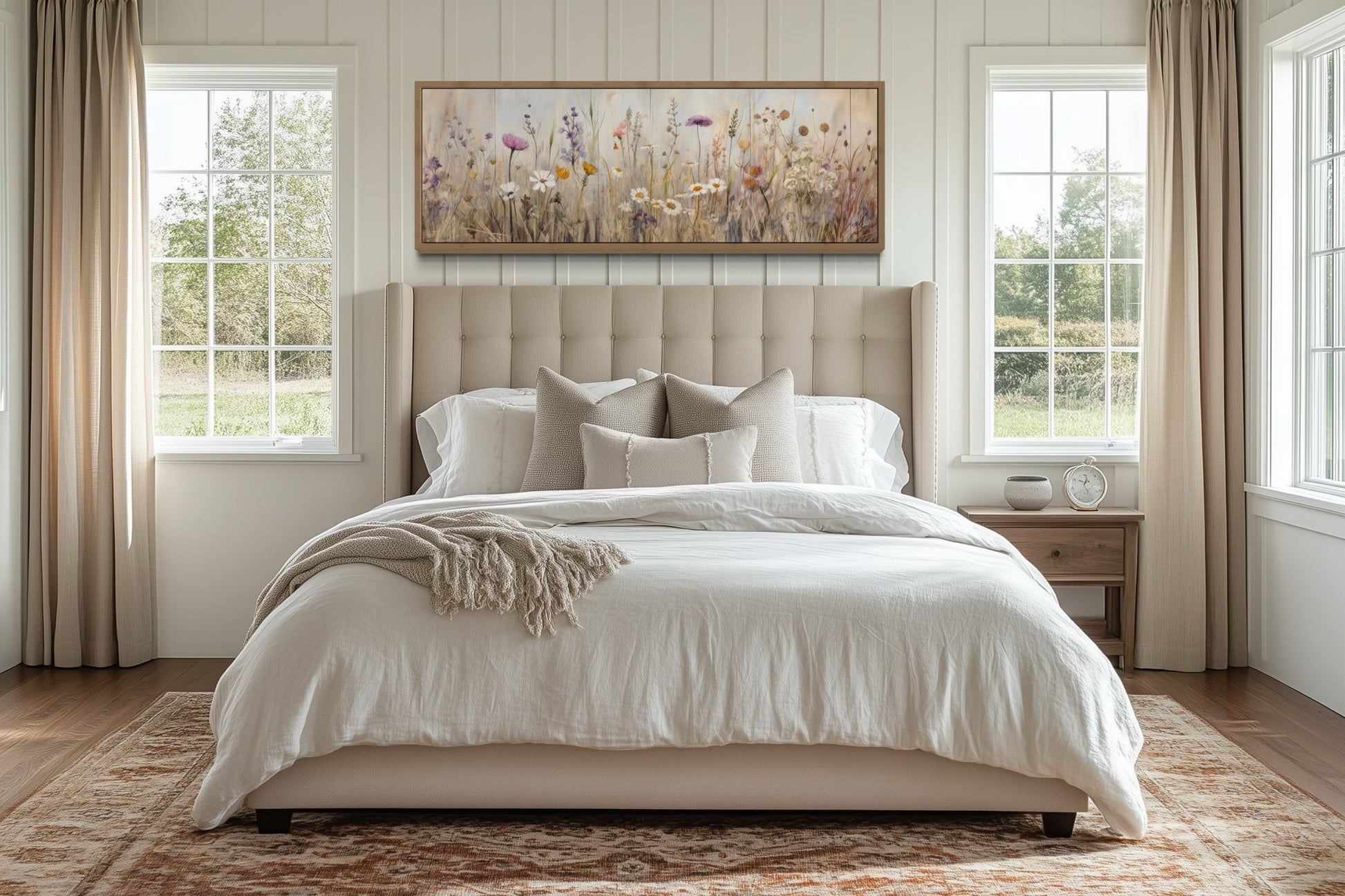 Farmhouse Style Neutral Wildflowers Field Horizontal Framed Canvas Wall Art