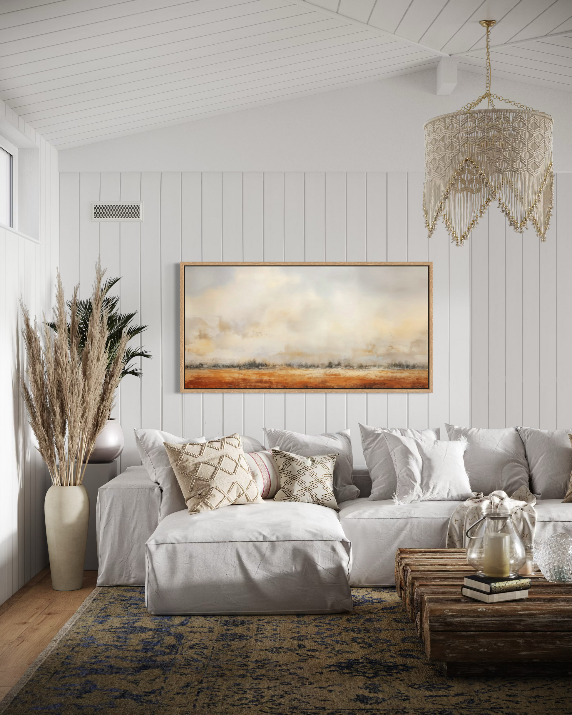 Farmhouse Wall Art - Minimalist Farm Canvas Art | Neutral Rustic Farm Field Painting