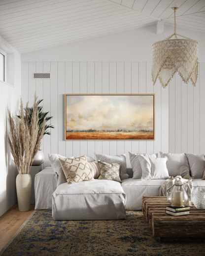 Farmhouse Wall Art - Minimalist Farm Canvas Art | Neutral Rustic Farm Field Painting
