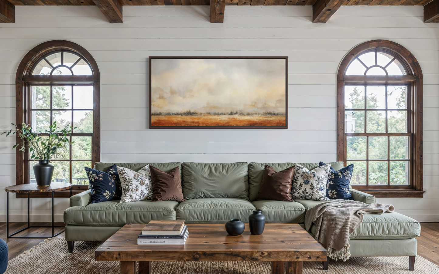 Farmhouse Wall Art - Minimalist Farm Canvas Art | Neutral Rustic Farm Field Painting