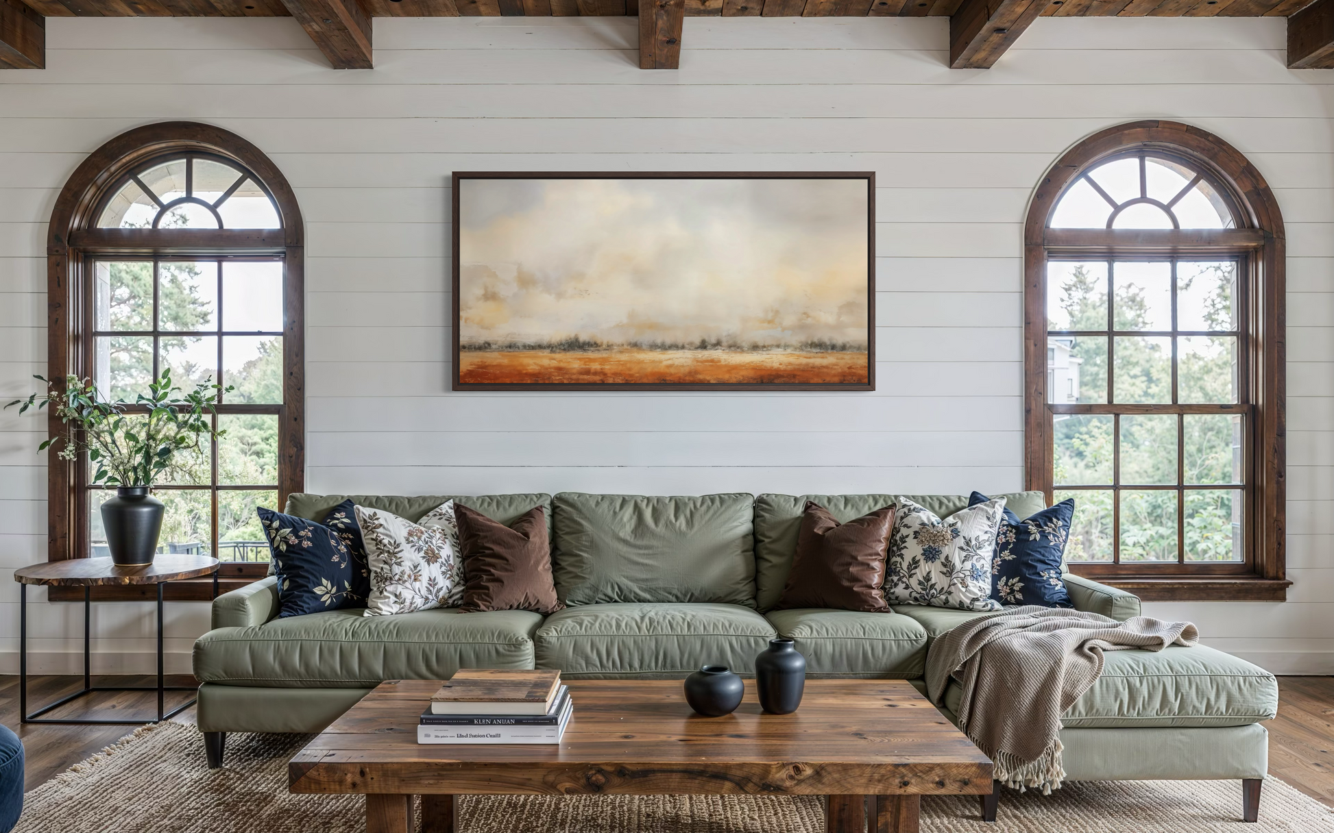 Farmhouse Wall Art - Minimalist Farm Canvas Art | Neutral Rustic Farm Field Painting