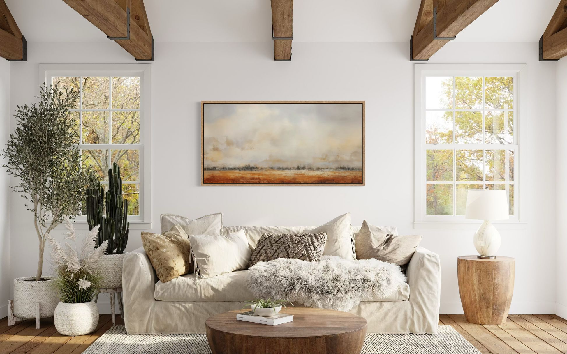 Farmhouse Wall Art - Minimalist Farm Canvas Art | Neutral Rustic Farm Field Painting