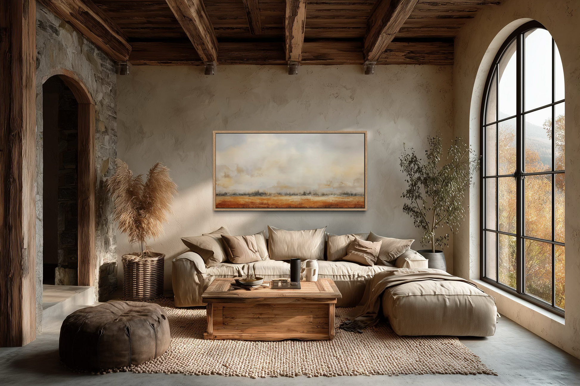 Farmhouse Wall Art - Minimalist Farm Canvas Art | Neutral Rustic Farm Field Painting
