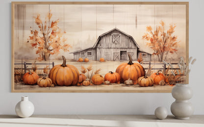 Farmhouse Wall Art – Rustic Pumpkin Patch Painting on Wood Framed Canvas