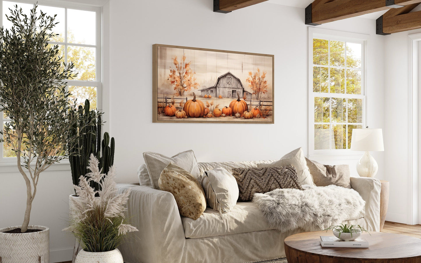Farmhouse Wall Art – Rustic Pumpkin Patch Painting on Wood Framed Canvas