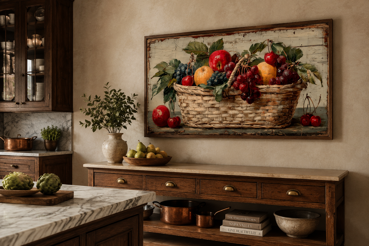 Rustic Fruit Basket Painting on Distressed Wood Canvas Wall Art Farmhouse Kitchen Decor