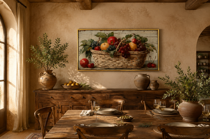 Rustic Fruit Basket Painting on Distressed Wood Canvas Wall Art Farmhouse Kitchen Decor