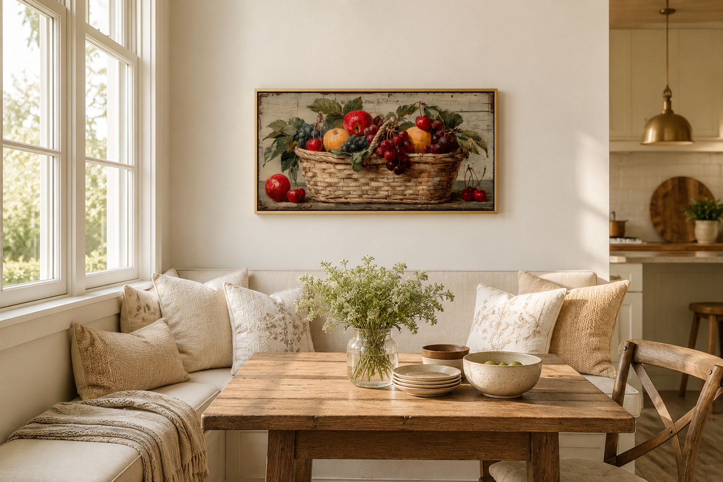 Rustic Fruit Basket Painting on Distressed Wood Canvas Wall Art Farmhouse Kitchen Decor