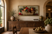 Rustic Fruit Basket Painting on Distressed Wood Canvas Wall Art Farmhouse Kitchen Decor