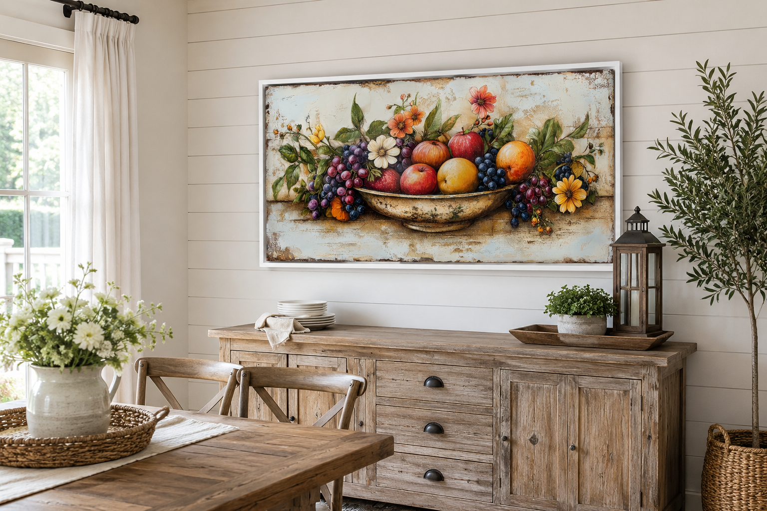 Farmhouse Kitchen Wall Art - Rustic Fruit Bowl Painting On Wood Canvas Print