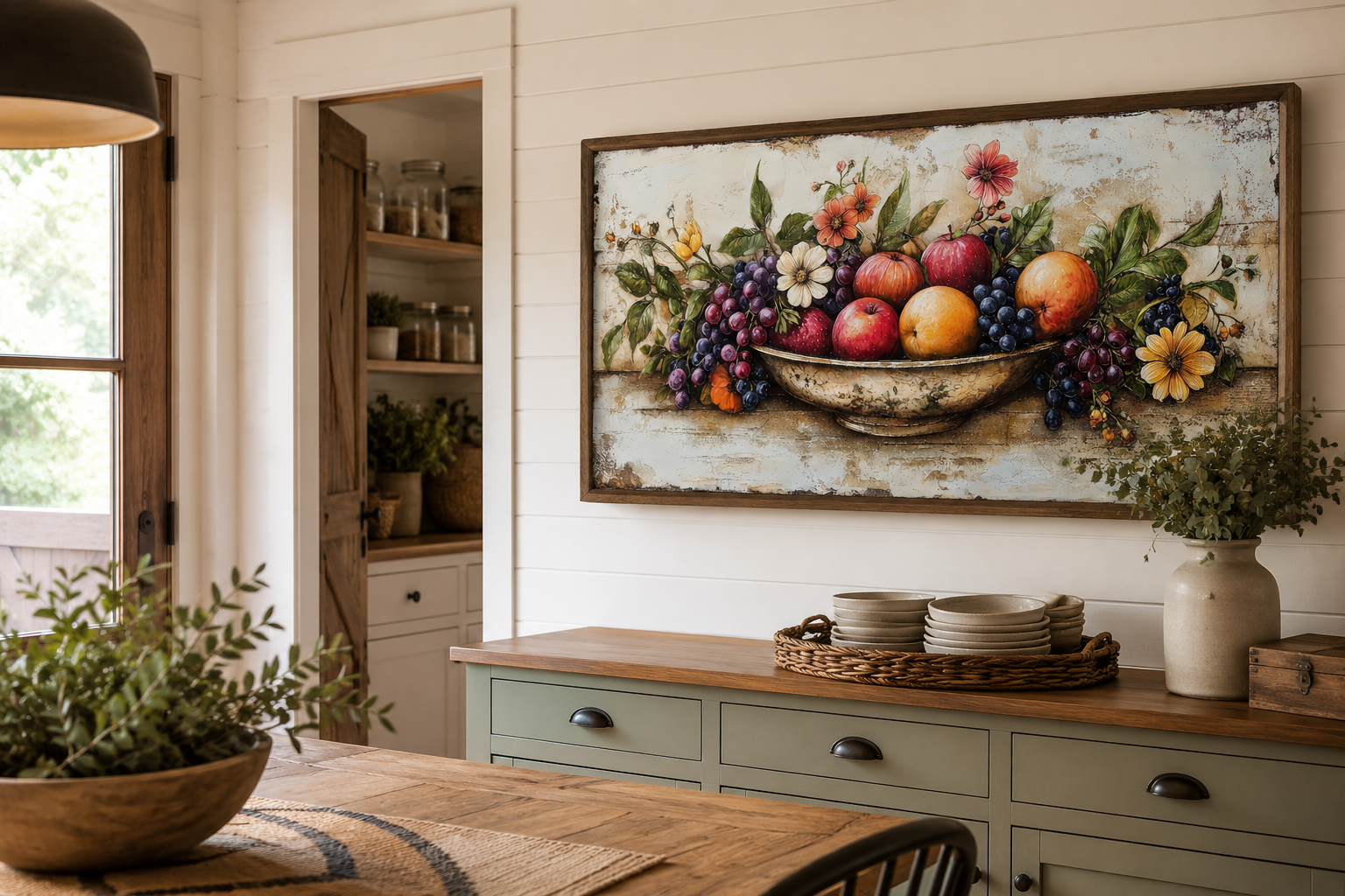 Farmhouse Kitchen Wall Art - Rustic Fruit Bowl Painting On Wood Canvas Print
