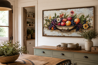 Farmhouse Kitchen Wall Art - Rustic Fruit Bowl Painting On Wood Canvas Print
