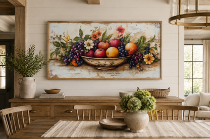 Farmhouse Kitchen Wall Art - Rustic Fruit Bowl Painting On Wood Canvas Print