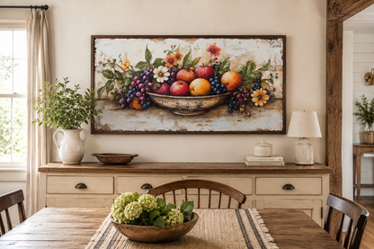 Farmhouse Kitchen Wall Art - Rustic Fruit Bowl Painting On Wood Canvas Print