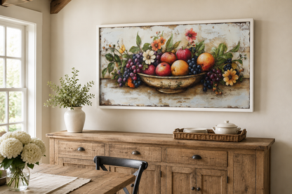Farmhouse Kitchen Wall Art - Rustic Fruit Bowl Painting On Wood Canvas Print