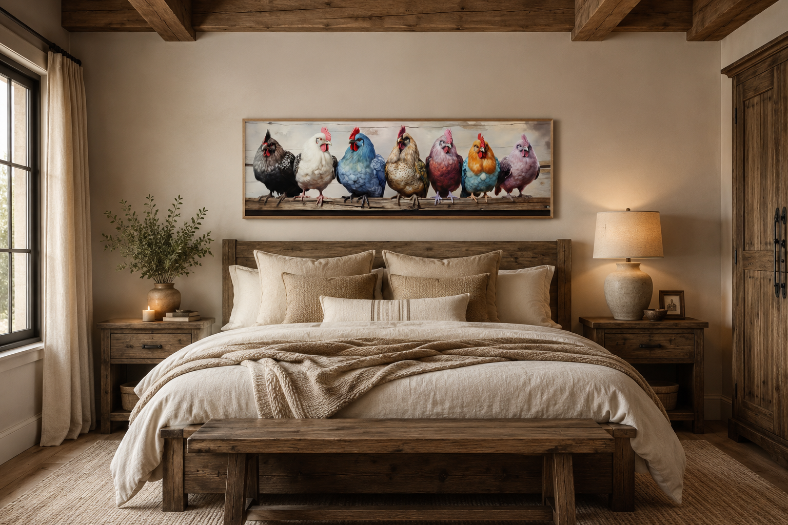 Colorful Chickens And Roosters Panoramic Rustic Farmhouse Framed Canvas Wall Art