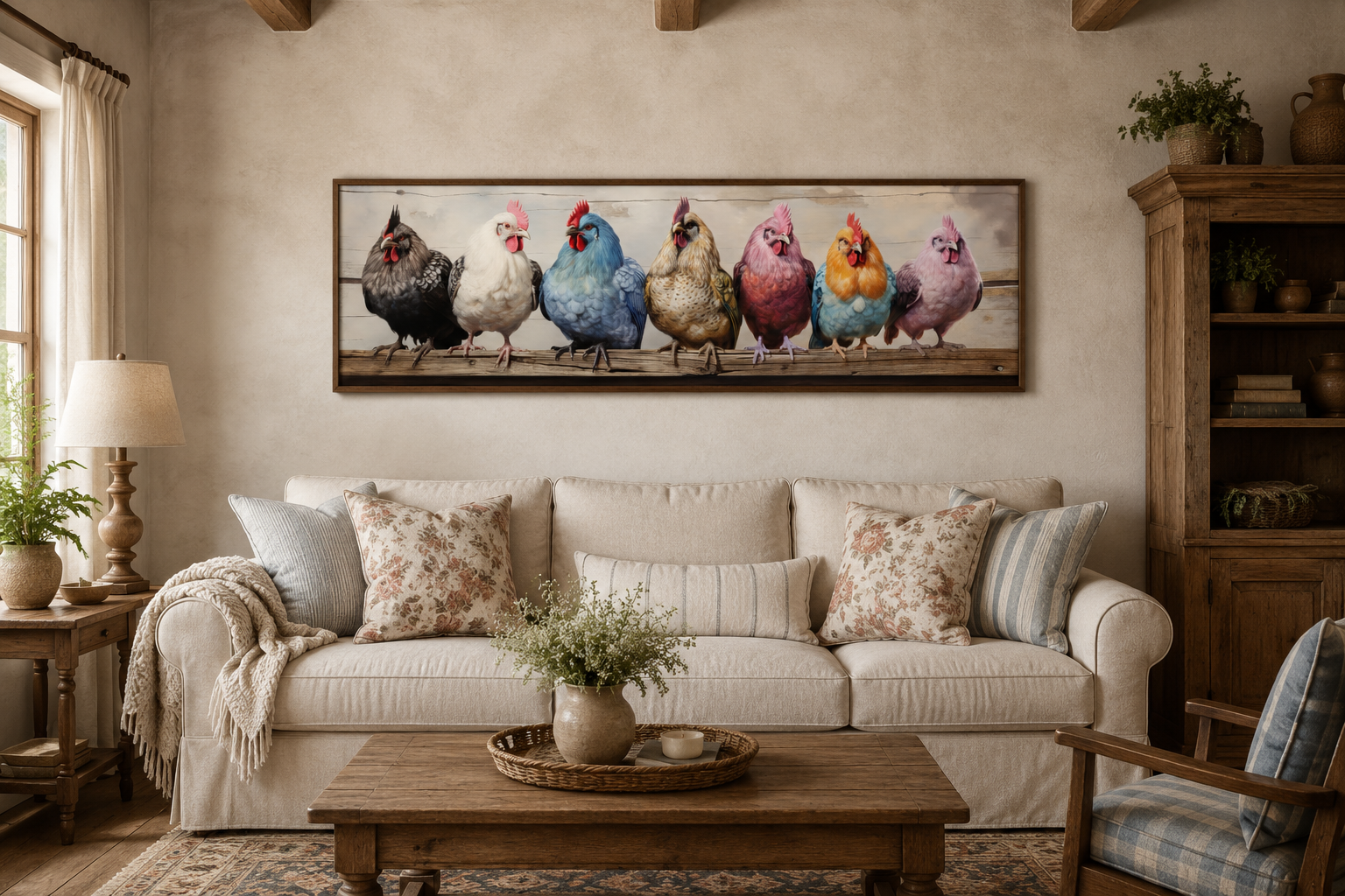 Colorful Chickens And Roosters Panoramic Rustic Farmhouse Framed Canvas Wall Art