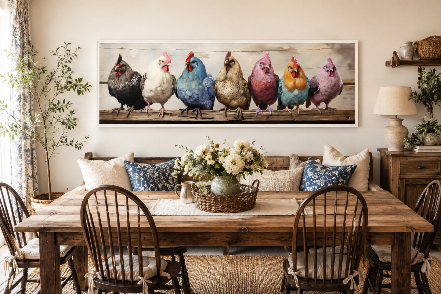 Colorful Chickens And Roosters Panoramic Rustic Farmhouse Framed Canvas Wall Art
