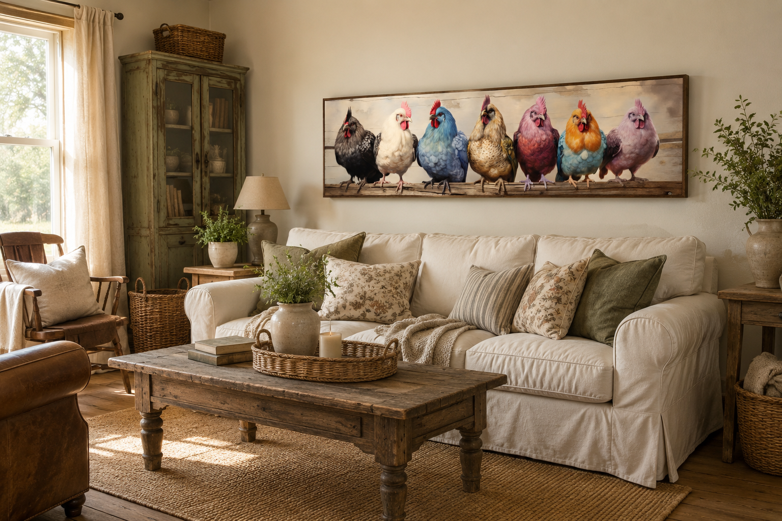 Colorful Chickens And Roosters Panoramic Rustic Farmhouse Framed Canvas Wall Art