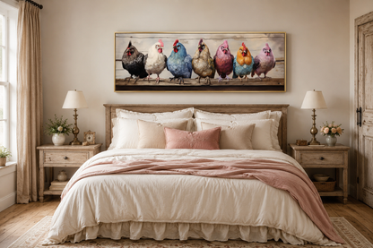 Colorful Chickens And Roosters Panoramic Rustic Farmhouse Framed Canvas Wall Art