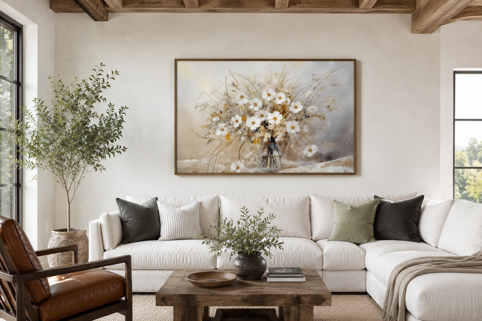 Rustic White Wildflowers Bouquet Neutral Framed Canvas Wall Art For Farmhouse