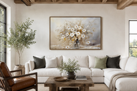 Rustic White Wildflowers Bouquet Neutral Framed Canvas Wall Art For Farmhouse