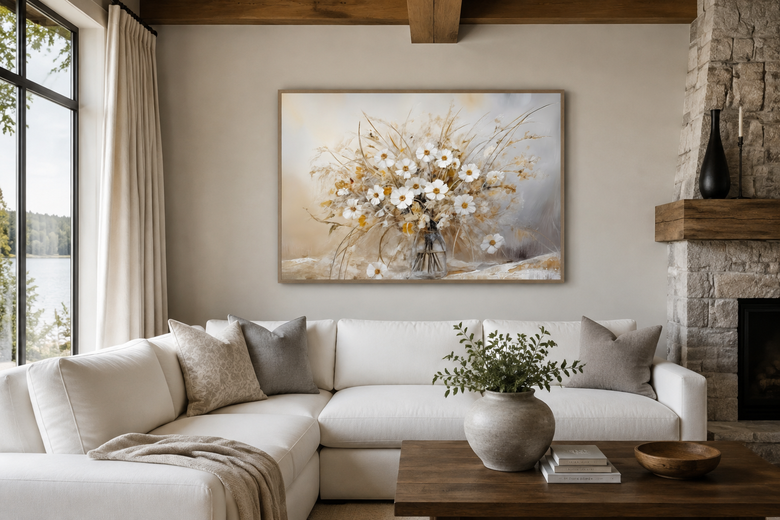 Rustic White Wildflowers Bouquet Neutral Framed Canvas Wall Art For Farmhouse