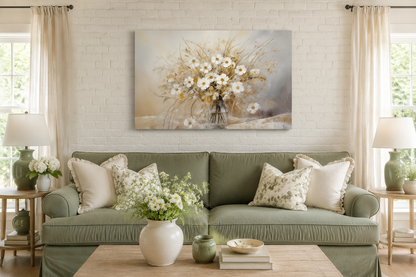 Rustic White Wildflowers Bouquet Neutral Framed Canvas Wall Art For Farmhouse