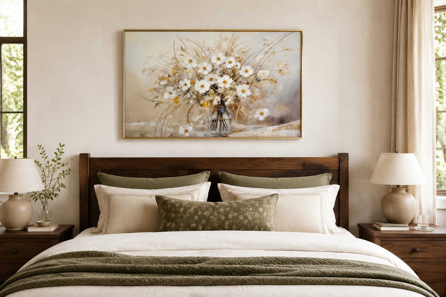 Rustic White Wildflowers Bouquet Neutral Framed Canvas Wall Art For Farmhouse