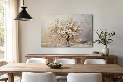 Rustic White Wildflowers Bouquet Neutral Framed Canvas Wall Art For Farmhouse