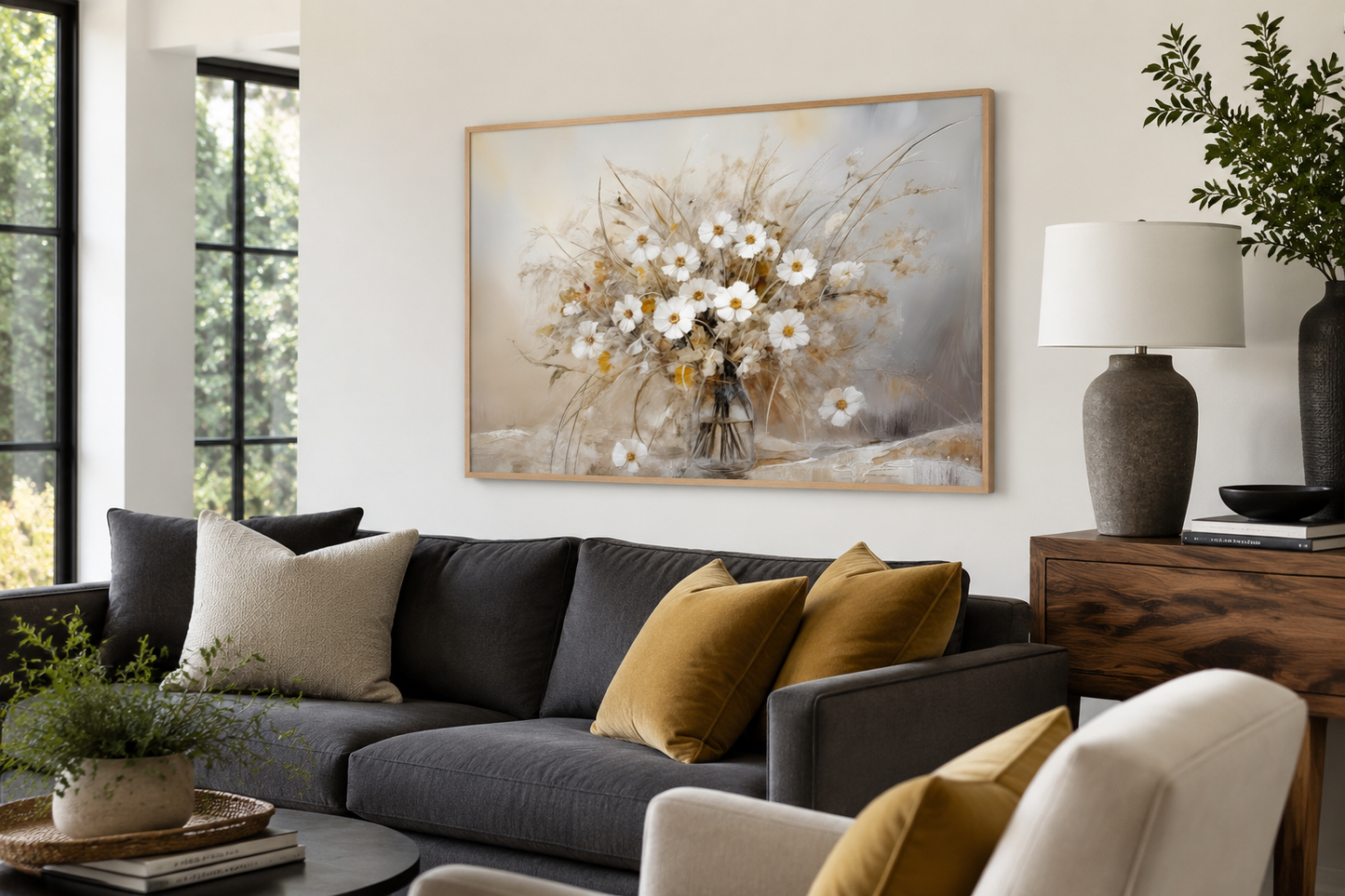 Rustic White Wildflowers Bouquet Neutral Framed Canvas Wall Art For Farmhouse