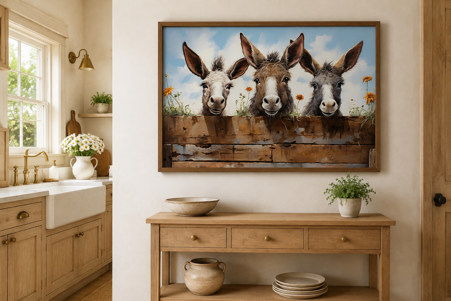 Three Funny Donkeys Looking Through Wooden Fence Farmhouse Wall Art