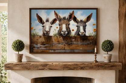 Three Funny Donkeys Looking Through Wooden Fence Farmhouse Wall Art