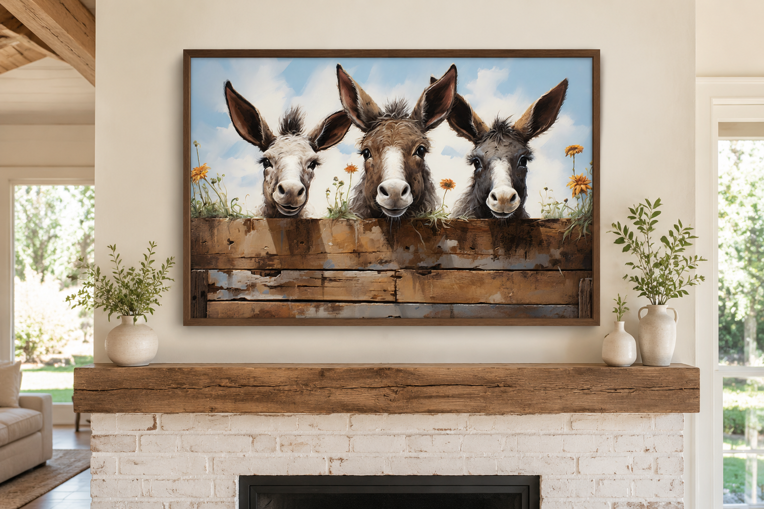 Three Funny Donkeys Looking Through Wooden Fence Farmhouse Wall Art