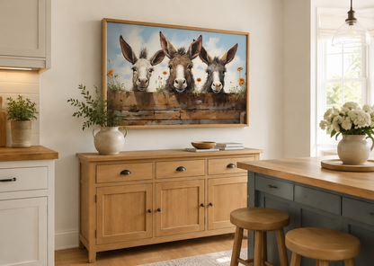 Three Funny Donkeys Looking Through Wooden Fence Farmhouse Wall Art