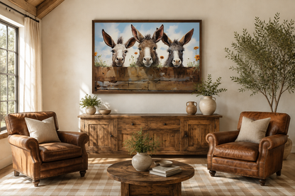 Three Funny Donkeys Looking Through Wooden Fence Farmhouse Wall Art