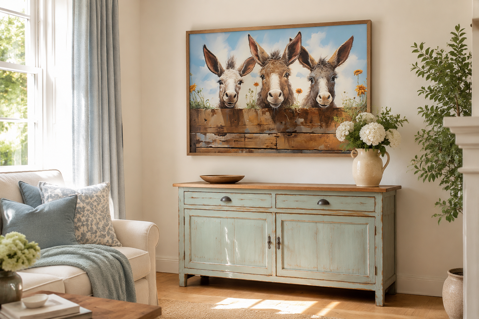 Three Funny Donkeys Looking Through Wooden Fence Farmhouse Wall Art